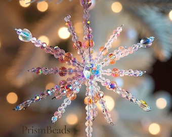 Set of 6 Handmade Beaded Snowflake Suncatchers – Iridescent Crystal Ornaments for Winter Home Décor, Crystal Hanging Decorations