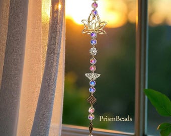 Lotus & Butterfly Crystal Suncatcher – Iridescent Beads, Handmade Decor, Spiritual Gift, Window Hanging, Celestial Gift, Gold Light Catcher