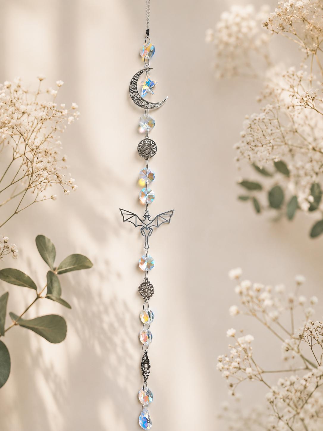 Fantasy Dragon Suncatcher, Crescent Moon Crystal Hanging, Celestial Window Decor, Iridescent Dragon Ornament, Book Nook Decor