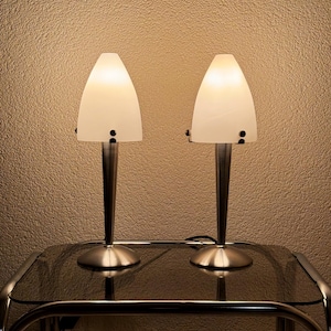 Set of 2 Vintage Space Age Night Lamps – Trio Germany – Chrome & Milk Glass – Retro MCM Bedside Table Lamps 1980s