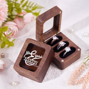 Personaliseer ringdoos, houder voor voorstel vierkant hout, ringdoos met 3 sleuven en acryl deksel, ringdoos voor voorstel cadeau voor haar, doos bruids verlovingsring