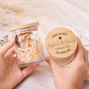 Gepersonaliseerde voorraadpot voor de bruiloft, huwelijkscadeau voor haar, cadeau-idee bruiloft, gepersonaliseerde glazen voorraadpot met bamboe deksel, housewarming