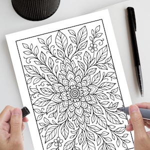 Floral Monochrome Coloring Pages | 25 Printable PDF Designs for Adults | Intricate Flower Line Art, Relaxing Mindfulness Coloring Book