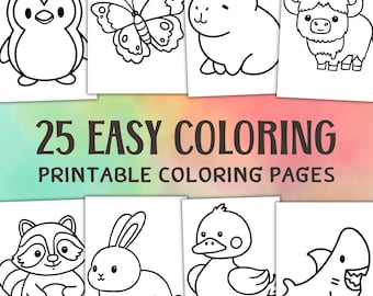 May include: A set of 25 easy coloring pages featuring various animals, including a penguin, butterfly, llama, raccoon, rabbit, duck, and shark. The coloring pages are black and white and are perfect for kids of all ages.
