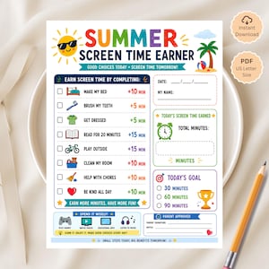 May include: A Summer Screen Time Earner chart featuring a yellow sun with sunglasses, a palm tree, and a beach ball. The document includes a checklist for daily tasks like making a bed, brushing teeth, and reading, with assigned minute values.