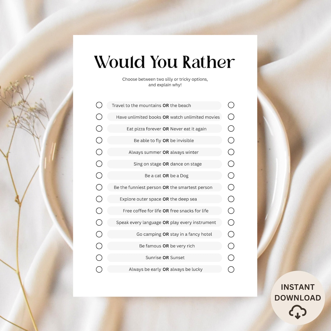 Would You Rather Game Printable, Fun Icebreaker (PDF A4 & A5) - Etsy