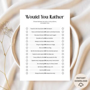 Könnte beinhalten: Ein druckbares Schwarz-Weiß-Spiel "Would You Rather". Das Spiel enthält eine Liste mit albernen oder kniffligen Optionen, wie z. B. "In die Berge ODER an den Strand reisen". Die Worte "INSTANT DOWNLOAD" stehen unten.