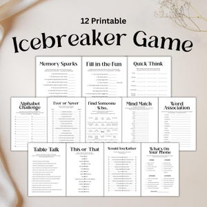 Op de afbeelding: Een verzameling van 12 printbare ijsbrekerspellen, waaronder 'Memory Sparks' en 'Fill in the Fun'. Elke spelpagina heeft zwarte tekst op een witte achtergrond, geschikt voor groepsactiviteiten. De titel 'Icebreaker Game' staat prominent weergegeven.
