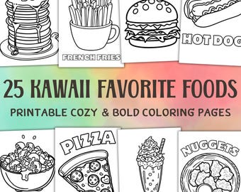 Páginas para colorear Kawaii acogedoras y llamativas, 25 comidas favoritas lindas y sencillas Páginas para colorear llamativas fáciles para niños y adultos, lindas y cómodas para colorear