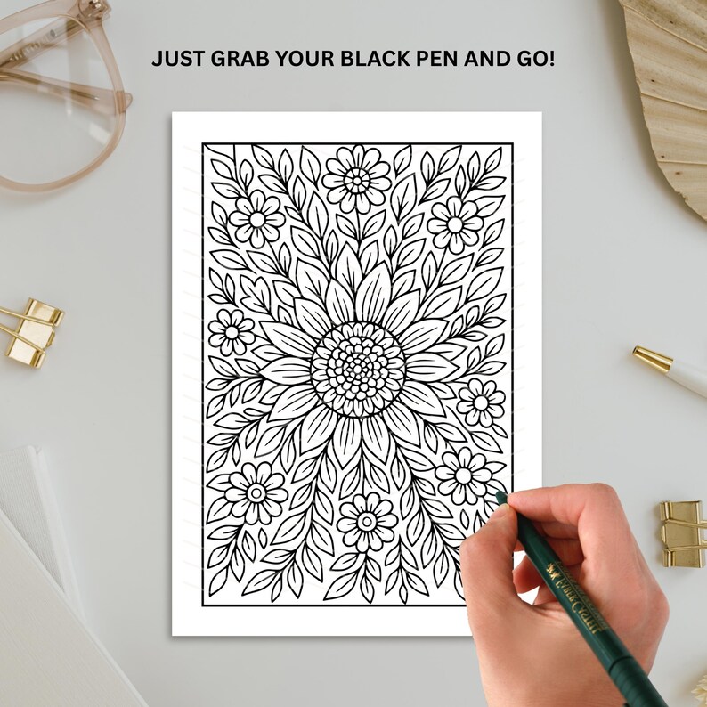 Floral Monochrome Coloring Pages | 25 Printable PDF Designs for Adults | Intricate Flower Line Art, Relaxing Mindfulness Coloring Book