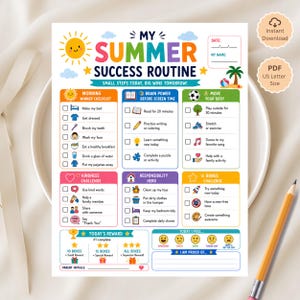 May include: A colourful printable My Summer Success Routine chart featuring sections for morning checklists, brain power, physical activity, kindness, and responsibility. The page includes icons, checkboxes, a reward tracker, and a mood scale for daily tracking.