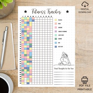 Fitness Tracker, Printable Journal Page, Yearly Tracker, Bullet Journal, Exercise Tracker, Health Tracker, Planner template, Workout Tracker