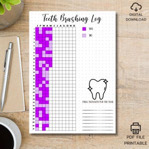 Página de diario imprimible con registro de cepillado de dientes Idea para bullet journal Registro de cepillado de dientes Registro de higiene dental Registro anual de cepillado de dientes