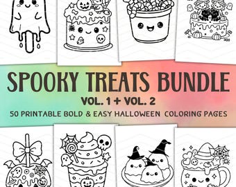 May include: A digital collection of 50 printable Halloween coloring pages titled Spooky Treats Bundle Vol. 1 + Vol. 2. The pages feature black and white line art of ghosts, witches, pumpkins, skulls, and candy in a cute, bold, and simple style.