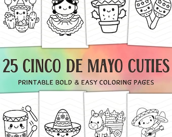 Páginas para colorear del Cinco de Mayo para niños: 25 diseños kawaii sencillos (descarga digital)