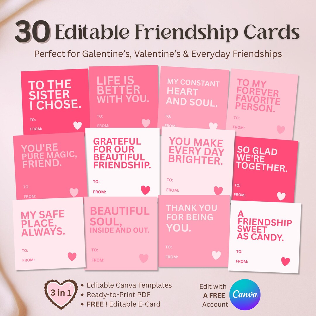 30 Friendship Cards, Canva Editable, Printable Valentine Downloads ...