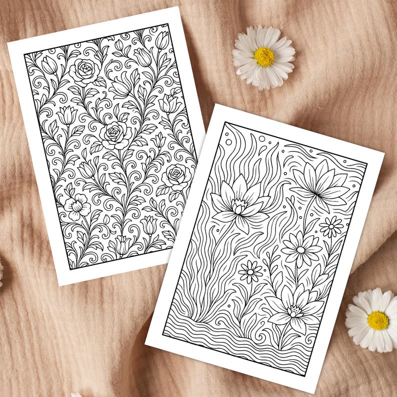 Floral Monochrome Coloring Pages | 25 Printable PDF Designs for Adults | Intricate Flower Line Art, Relaxing Mindfulness Coloring Book