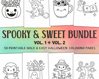 May include: A collection of black and white Halloween-themed coloring pages. The pages feature various illustrations, including a jack-o'-lantern, a witch on a broom, a mug of hot cocoa, a candle, a vampire, a ghost with candy, a scarecrow, and a tree with bats. The text reads "SPOOKY & SWEET BUNDLE".