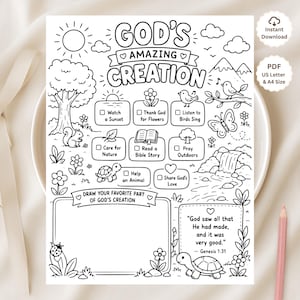 Könnte beinhalten: Eine schwarz-weiße, ausdruckbare Malvorlage mit dem Titel God's Amazing Creation, die Naturillustrationen, eine Aktivitäten-Checkliste, einen leeren Bereich zum Zeichnen und den Bibelvers Genesis 1:31 enthält. Das Design umfasst eine Sonne, Bäume, Vögel, einen Schmetterling, eine Schildkröte und Blumen.