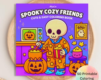 May include: A purple coloring book titled "Spooky Cozy Friends" with a cartoon skeleton in orange pajamas. The cover features a microwave with a jack-o'-lantern, popcorn, and a ghost saying "BOO!" A round sticker says "50 Printable Coloring Pages."