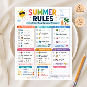 Peut inclure: Une fiche de règles d'été imprimable avec des icônes et du texte colorés. Les sections incluent les règles du matin, avant l'écran, bouger son corps, la gentillesse, les responsabilités et un bonus, avec des espaces pour les dates et signatures.