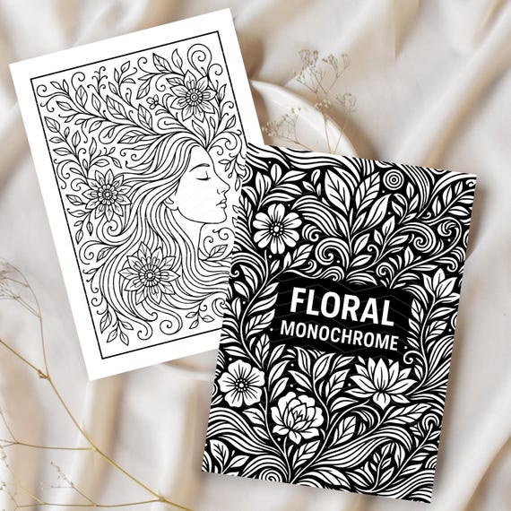 Floral Coloring Pages: 25 Printable Monochrome Flower Coloring (No Dot Guide) (PDF A4,A5)