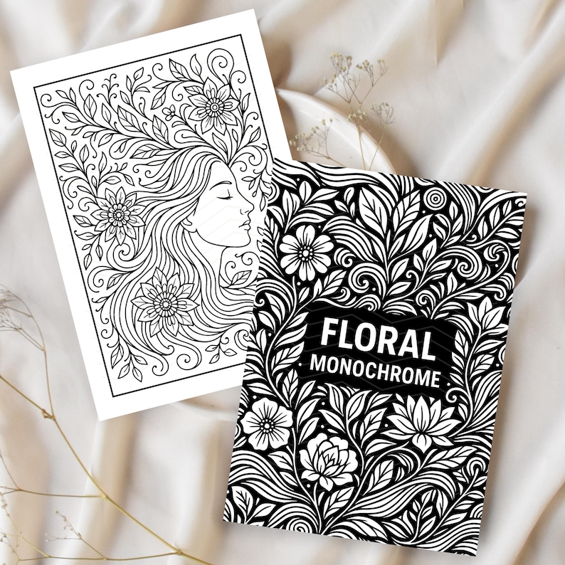 Floral Monochrome Coloring Pages | 25 Printable PDF Designs for Adults | Intricate Flower Line Art, Relaxing Mindfulness Coloring Book