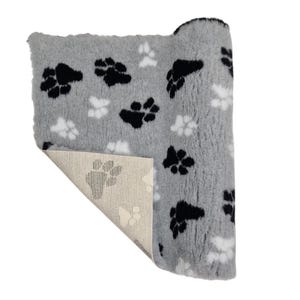 May include: A grey and white pet bed with black paw prints. The bed has a non-slip backing.