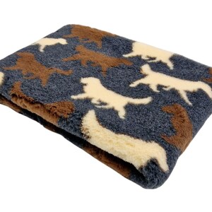 May include: A soft, plush dog bed with a navy blue background and a pattern of brown and white dog silhouettes.