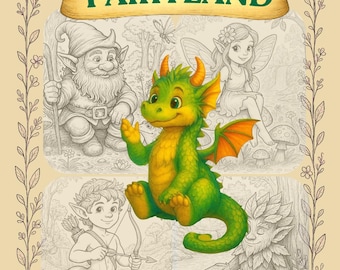 May include: A coloring book cover with the title "A Journey to Fairyland." The cover features a green dragon, a gnome, a fairy, a centaur, and a tree-like creature. The book is labeled "Magical Coloring Book" with "50 Pictures for kids & adults."