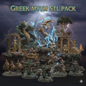 May include: A collection of Greek mythology STL models, including figures of gods, mythical creatures, and architectural elements. The models are in various poses and are set against a backdrop of a stormy sky with lightning and a full moon. The text "Greek Myth STL Pack" is at the top.