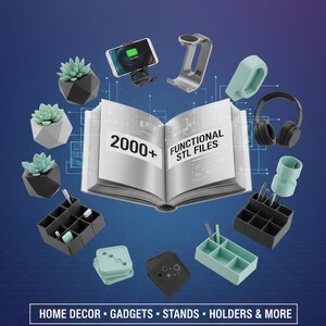 May include: An open book with the text "2000+ FUNCTIONAL STL FILES" is surrounded by various home decor and gadget items. These include geometric planters, phone chargers, stands, holders, and headphones. The image is set against a blue background.