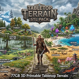 Puede incluir: Ilustración digital que muestra un paquete STL de terreno de mesa con varios entornos, incluyendo tierras heladas, bosque y desierto. Una figura está de pie en un camino, con texto que indica 77 GB de terreno imprimible en 3D.