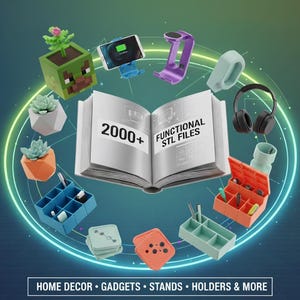 Puede incluir: Una variedad de artículos de decoración del hogar y gadgets, incluyendo un libro con el texto "2000+ Functional STL Files", un soporte para teléfono, auriculares y macetas para suculentas. La imagen también presenta organizadores y una estación de carga.