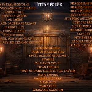 May include: A dimly lit interior with wooden walls and a large wooden door. The text "TITAN FORGE" is at the top, with a list of fantasy-themed titles below, including "Abyssal Merfolks" and "Dragon Empire 1". The scene is illuminated by warm, ambient lighting.