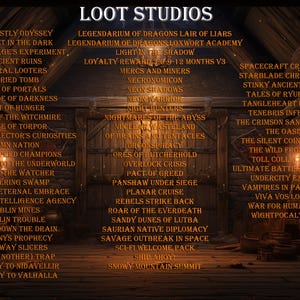May include: Image of a wooden door with a list of titles in white text. The text reads "LOOT STUDIOS" at the top. The titles are fantasy and sci-fi themed, such as "A Ghostly Odyssey" and "Spacecraft Crashers".