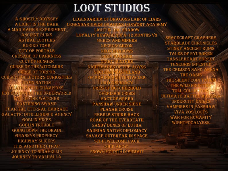 May include: Image of a wooden door with a list of titles in white text. The text reads "LOOT STUDIOS" at the top. The titles are fantasy and sci-fi themed, such as "A Ghostly Odyssey" and "Spacecraft Crashers".