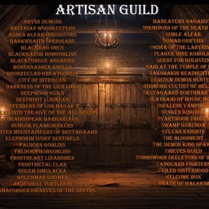 May include: A digital artwork featuring a list of fantasy guild names, including "Artisan Guild" at the top. The text is in white against a dark, rustic background with wooden doors and warm lighting, creating a medieval aesthetic.