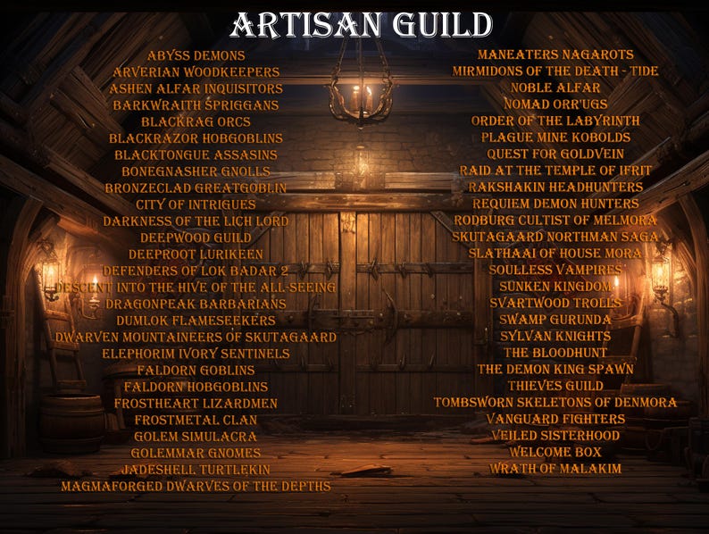 May include: A digital artwork featuring a list of fantasy guild names, including "Artisan Guild" at the top. The text is in white against a dark, rustic background with wooden doors and warm lighting, creating a medieval aesthetic.