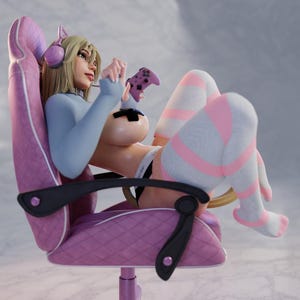 May include: A woman wearing a blue shirt and pink and white striped thigh-high socks sits in a pink gaming chair. She is holding a purple video game controller.
