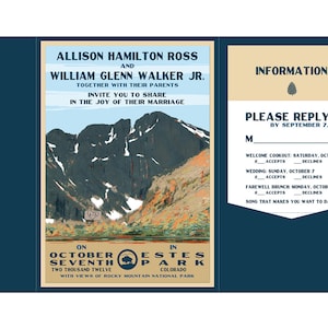 Vintage Long&#39;s Peak Wedding Pocket Fold Invitation, Info Card and Reply Postcard set - SAMPLE