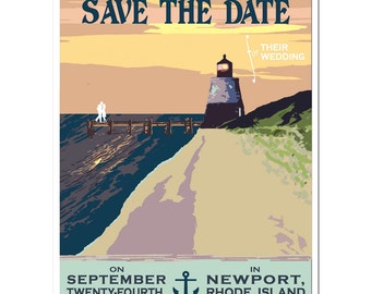 Vintage Coastal Lighthouse Save the Date Postcard - PDF - Digital File