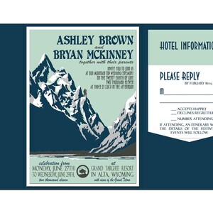 Convite vintage Jackson Hole, WY Mountain com dobra de bolso para casamento, cartão de informações e cartão postal de resposta (conjunto de 20)