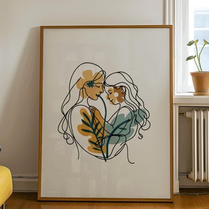母と娘のウォールアート、ママと女の子の花の線画ポスター、ミニマリストのホームデコレーション妊娠ギフト、ベビーシャワーのボヘミアンフローラルアート