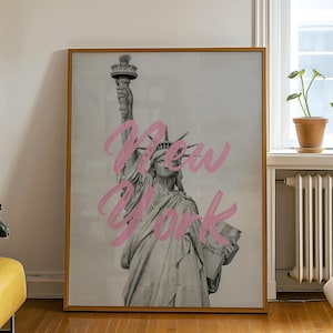 Art mural de la ville de New York, décoration d'appartement à la maison de New York, art vintage rose gris, décoration de dortoir de filles à la mode, affiche rétro de voyage, impression esthétique