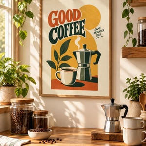 Good Coffee Retro Poster Printable Wall Art, Moka Pot Kitchen Digital Download Print