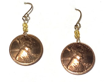 Beaded Penny Earrings - Coin Jewelry Vintage Copper Pennies - Real USA Coins