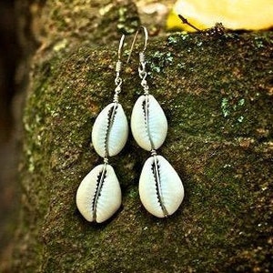 FREE Gift with purchase of 35 dollars or more Afrocentric Jewelry Double Cowrie Shell Earrings Made with Sterling Silver Wire