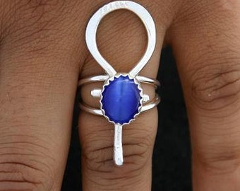 FREE Gift with purchase of 35 dollars or more  Sterling Silver Ankh Ring Stone Color Choice - Afrocentric Jewelry