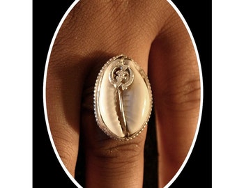 FREE Gift with purchase of 35 dollars or more  One of a Kind Cowrie Shell Ring -Sterling Silver Jewelry - African Adinkra Symbol
